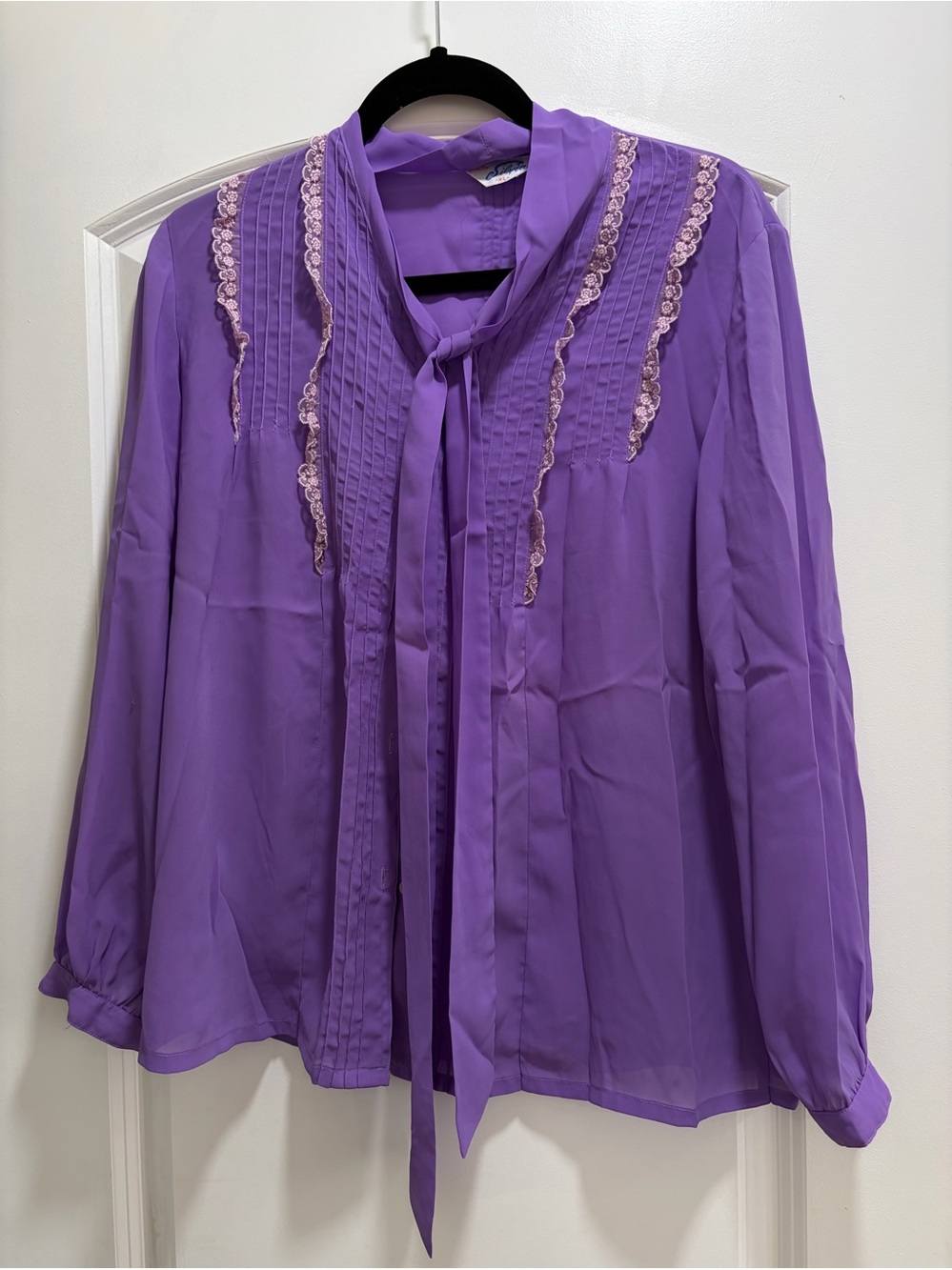 Vintage 70s 80s Silvia Purple Bow Blouse Lace & Pleated Front - Size XL